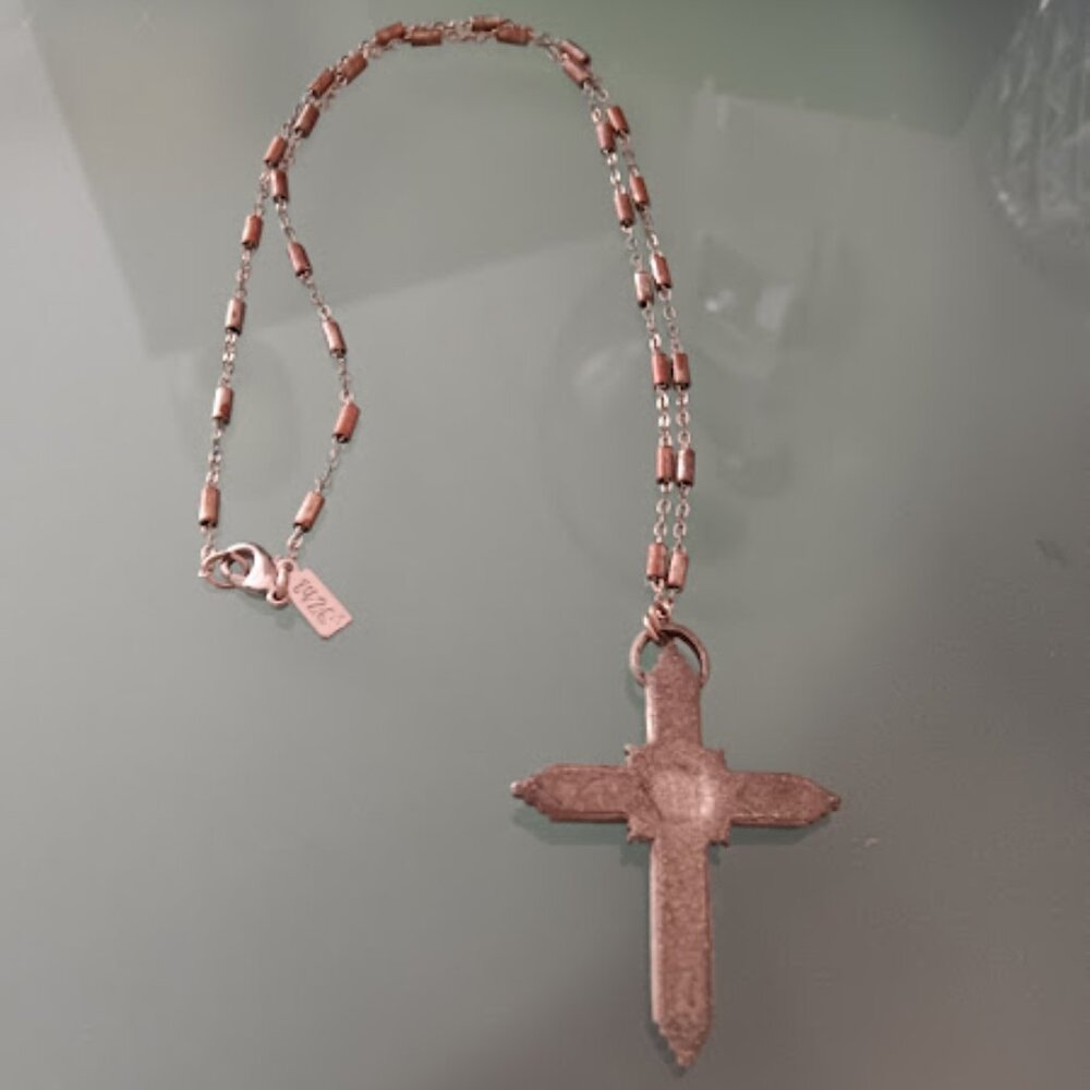 1928 JEWELRY SYMBOLS OF FAITH Dark Silver Aqua Blue Moonstone Cross Necklace - Picture 5 of 6